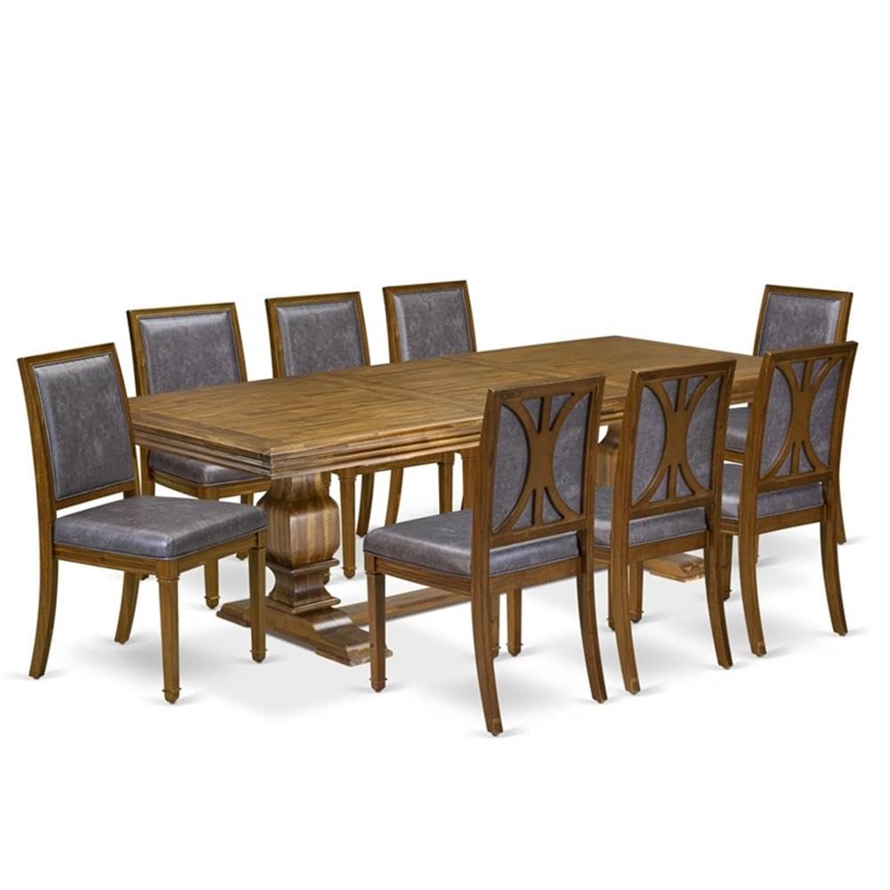9-Piece Acacia Wood Dining Table Set with 8 Dark Grey PU Leather Chairs J945