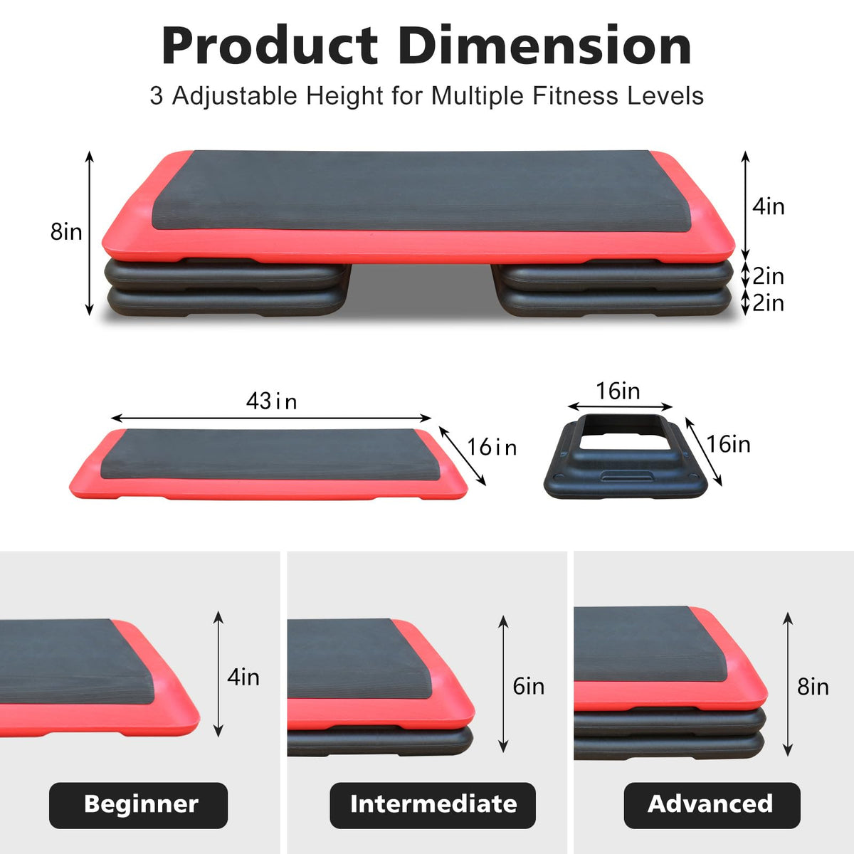 43'' Adjustable Aerobic Exercise Step Platform with 4 Stackable Risers E775298