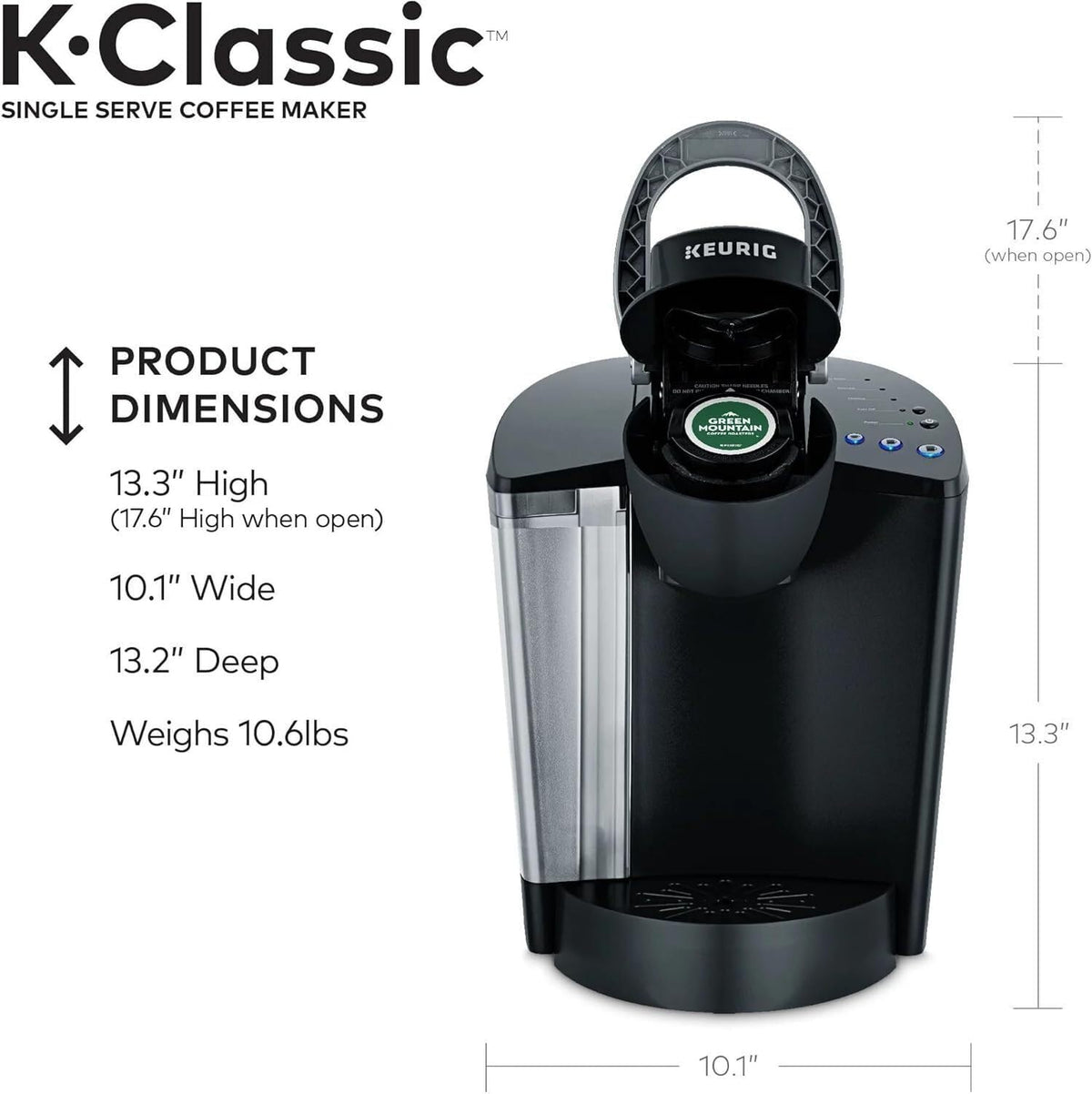Single Serve K-Cup Pod Coffee Maker, 3 Brew Sizes, 48oz Removable Reservoir, Black S446