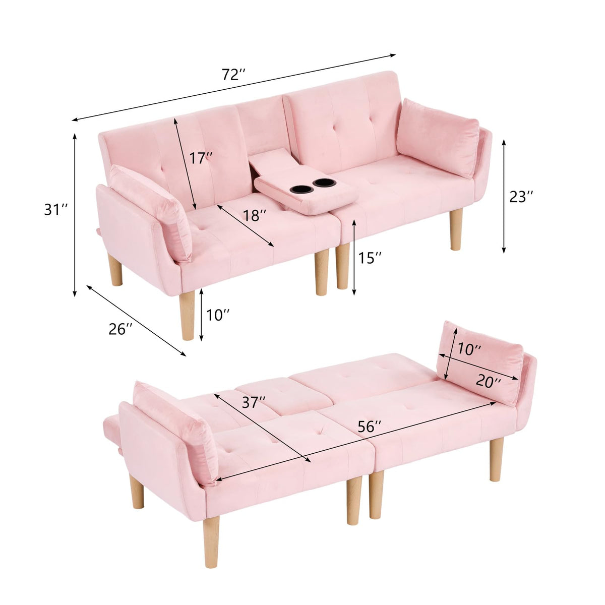 Light Pink Velvet Futon Sofa Bed T2156
