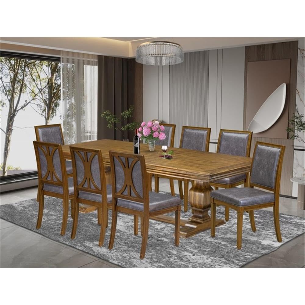 9-Piece Acacia Wood Dining Table Set with 8 Dark Grey PU Leather Chairs J945