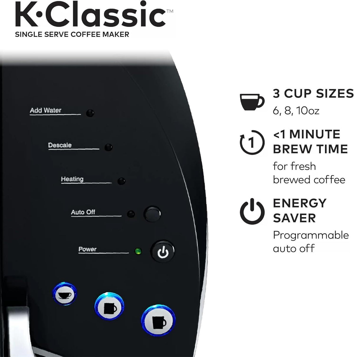 Single Serve K-Cup Pod Coffee Maker, 3 Brew Sizes, 48oz Removable Reservoir, Black S446