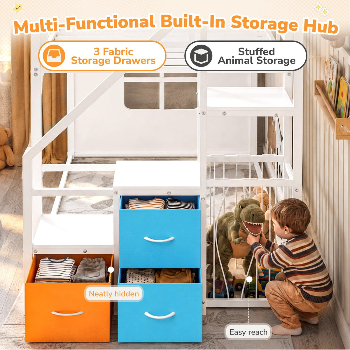 White Twin Over Twin Bunk Bed with Stairs and 3 Storage Drawers R50897