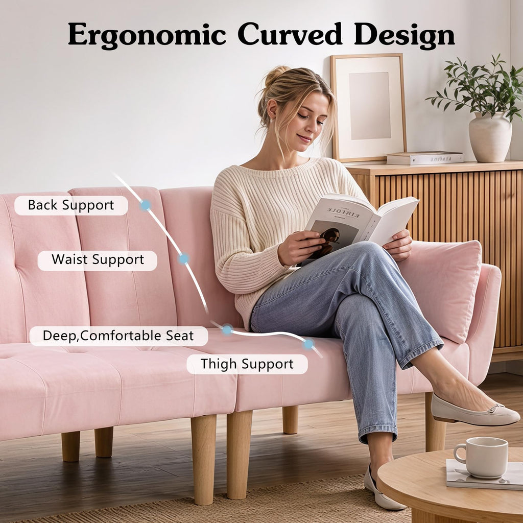 Light Pink Velvet Futon Sofa Bed T2156