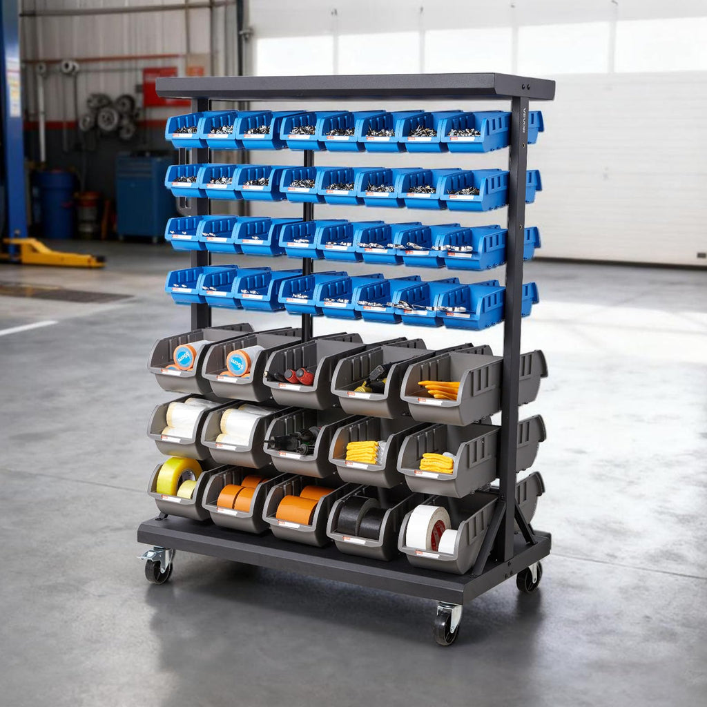 7-Tier Double-Sided Rolling Bin Storage Rack with 94 Plastic Bins J35302