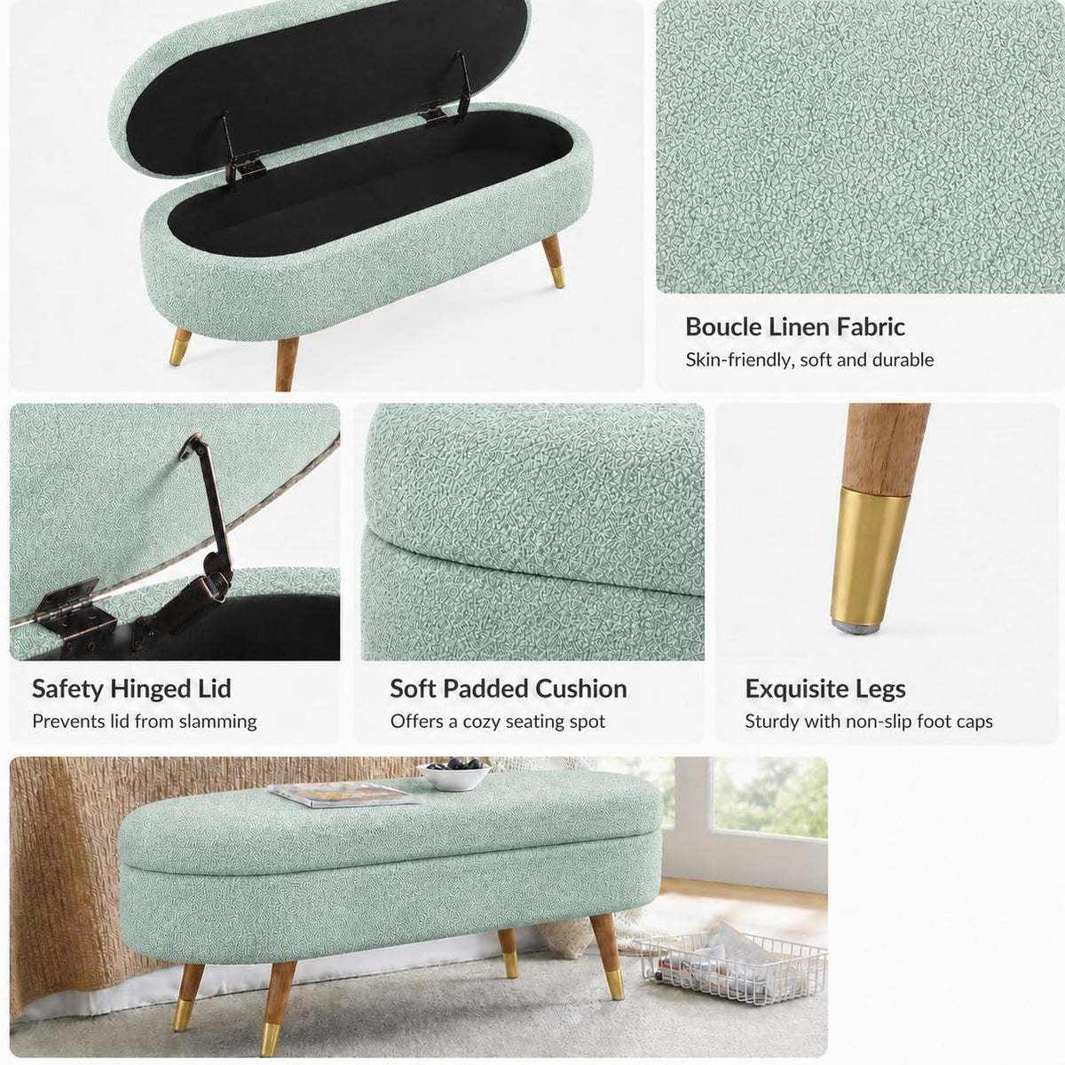 Cream Oval Boucle Storage Ottoman with Wooden Legs D9764