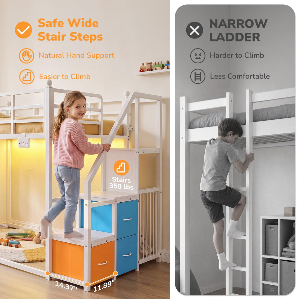 White Twin Over Twin Bunk Bed with Stairs and 3 Storage Drawers R50897