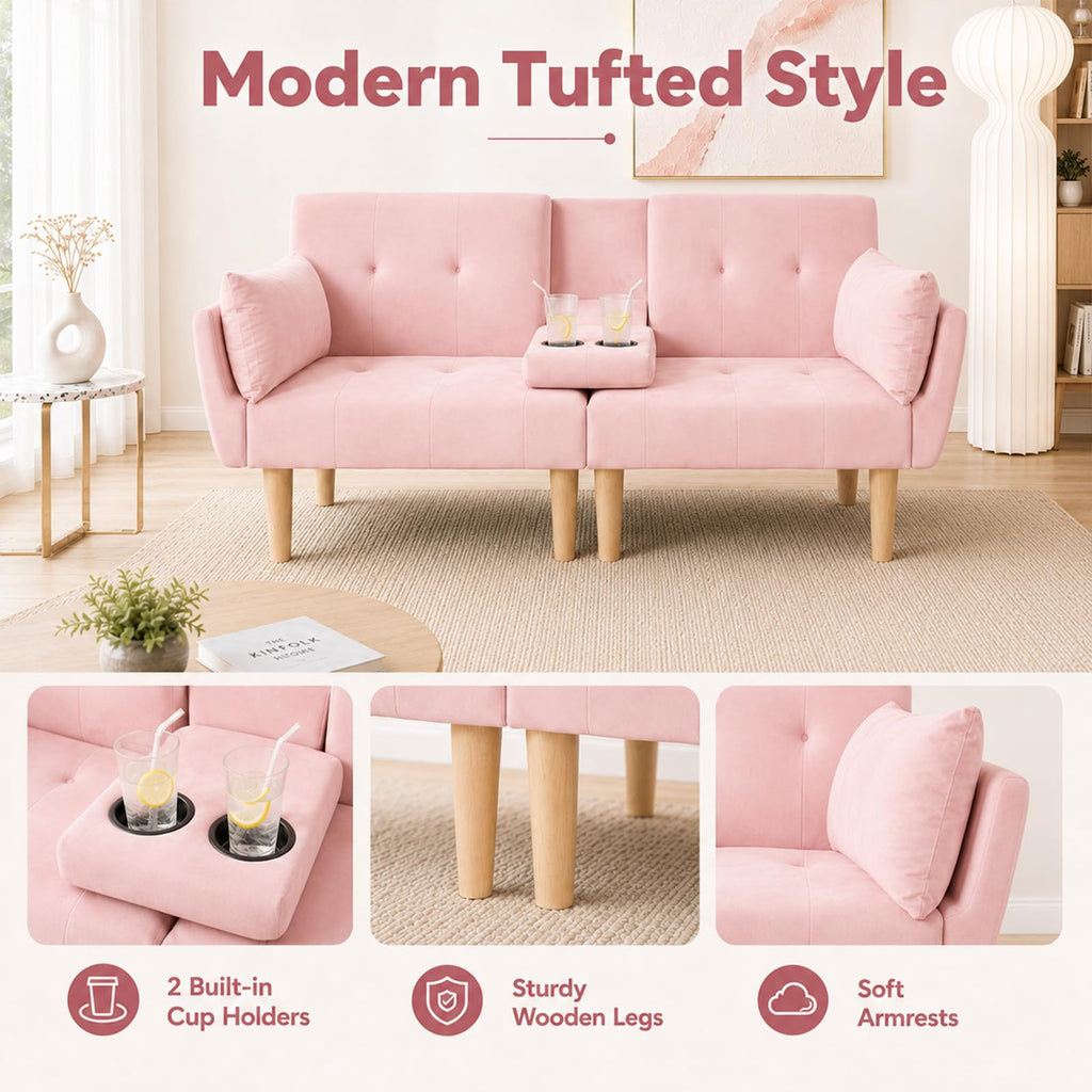 Light Pink Velvet Futon Sofa Bed T2156