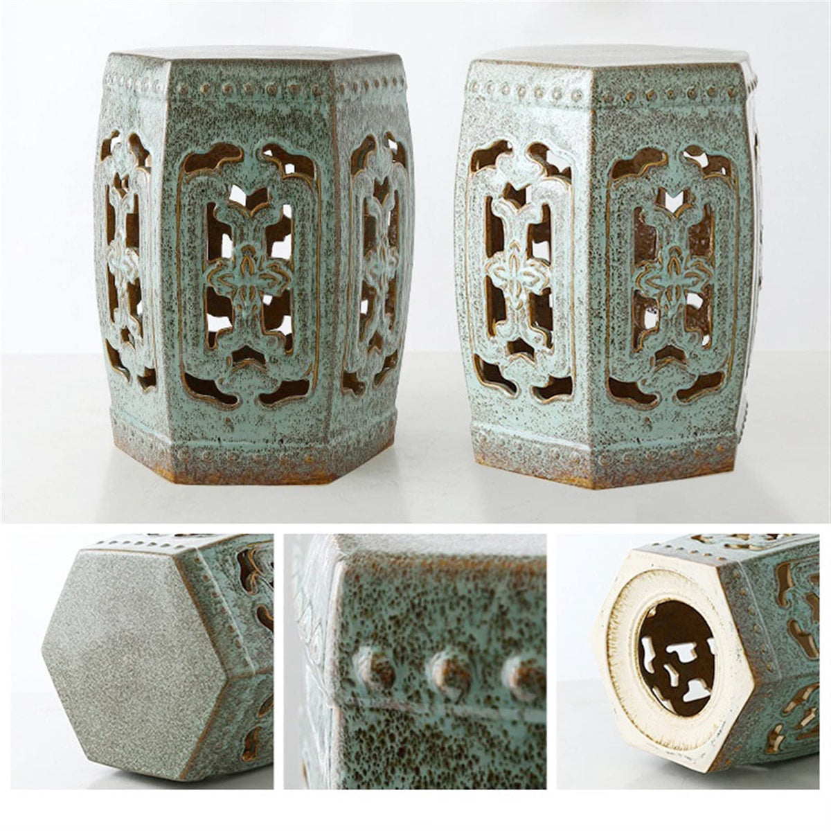 Ceramic Garden Stool Hexagonal Hollow Porcelain Drum Stool L4172