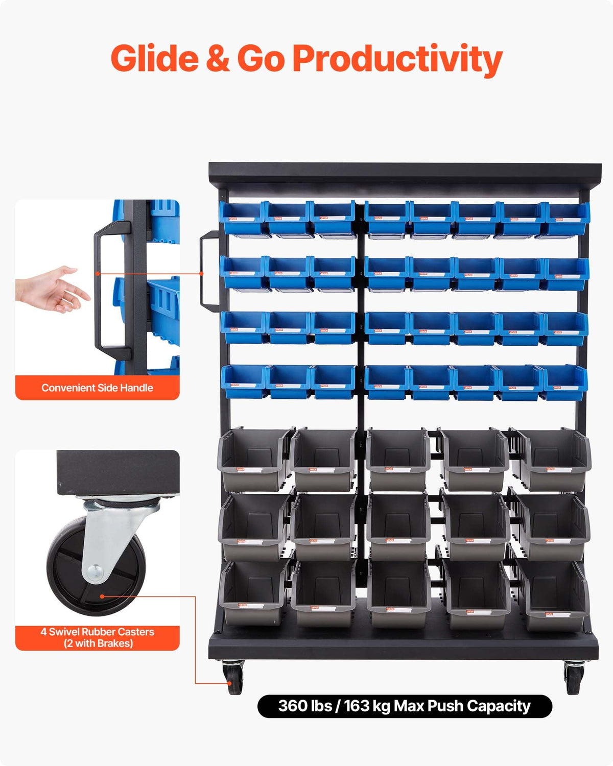 7-Tier Double-Sided Rolling Bin Storage Rack with 94 Plastic Bins J35302