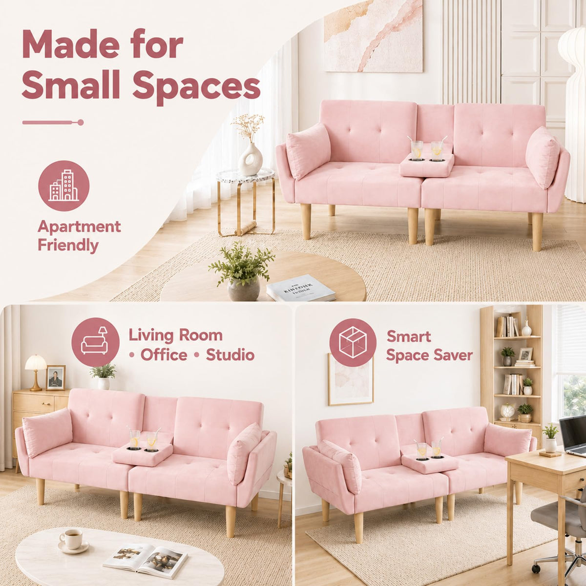 Light Pink Velvet Futon Sofa Bed T2156