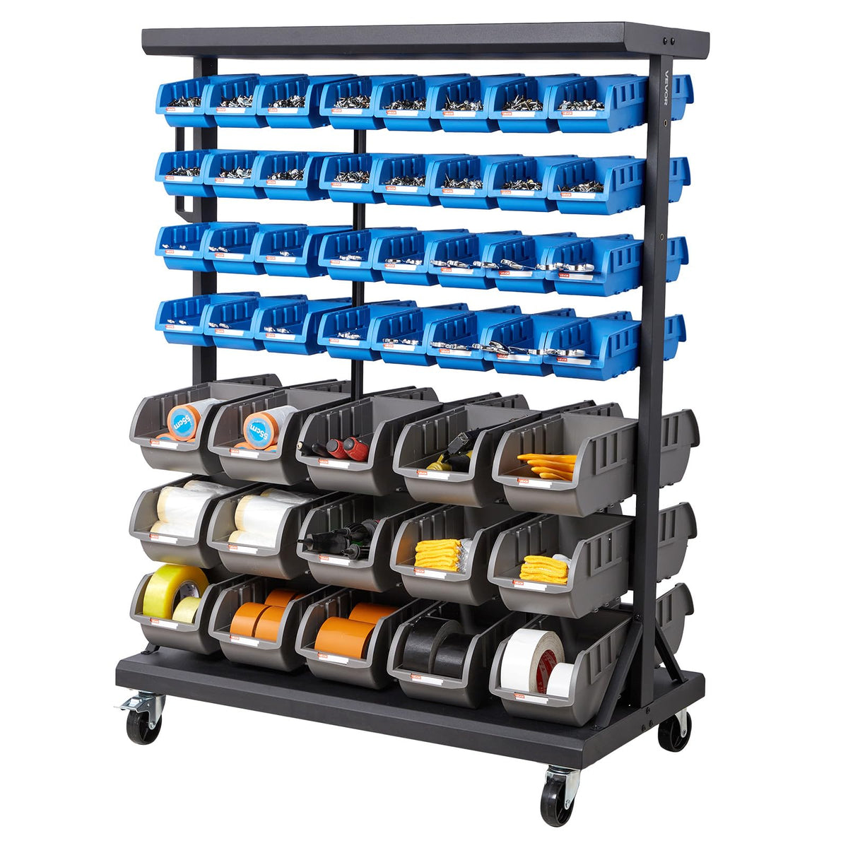 7-Tier Double-Sided Rolling Bin Storage Rack with 94 Plastic Bins J35302