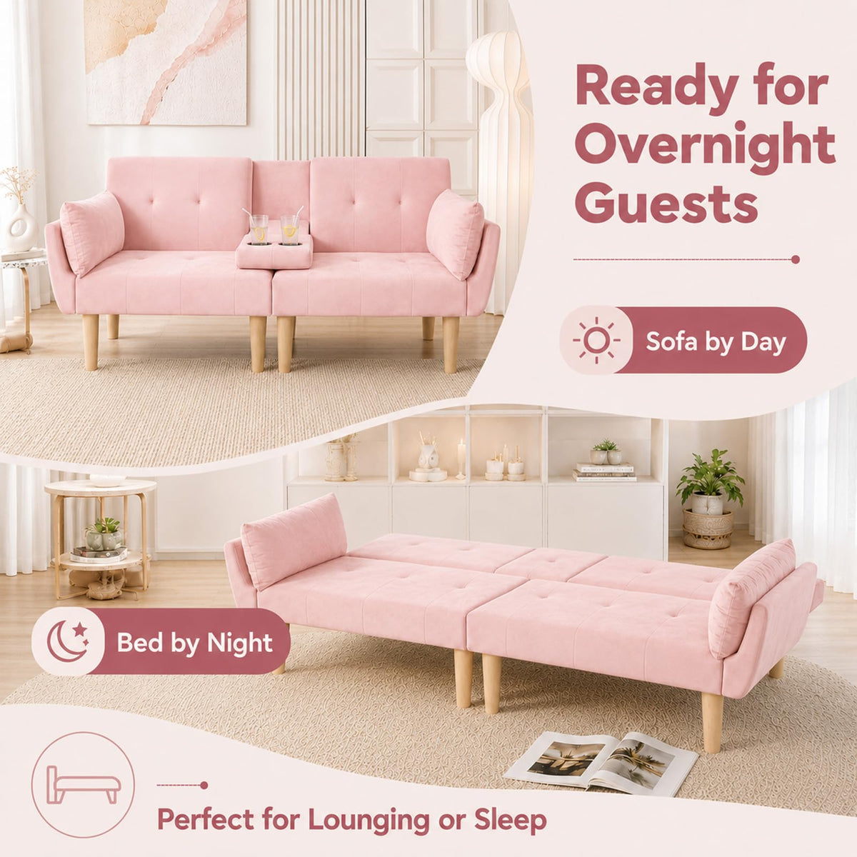 Light Pink Velvet Futon Sofa Bed T2156