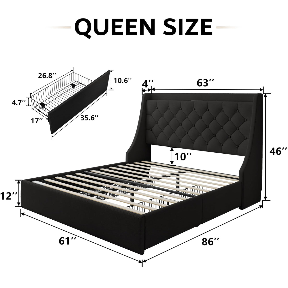 Black Queen Upholstered Platform Bed Frame with 4 Storage Drawers B993
