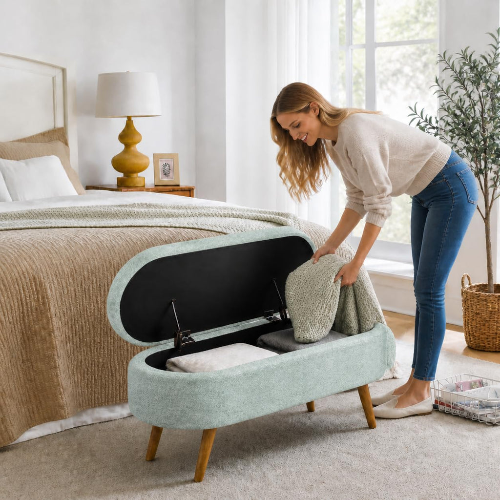 Cream Oval Boucle Storage Ottoman with Wooden Legs D9764