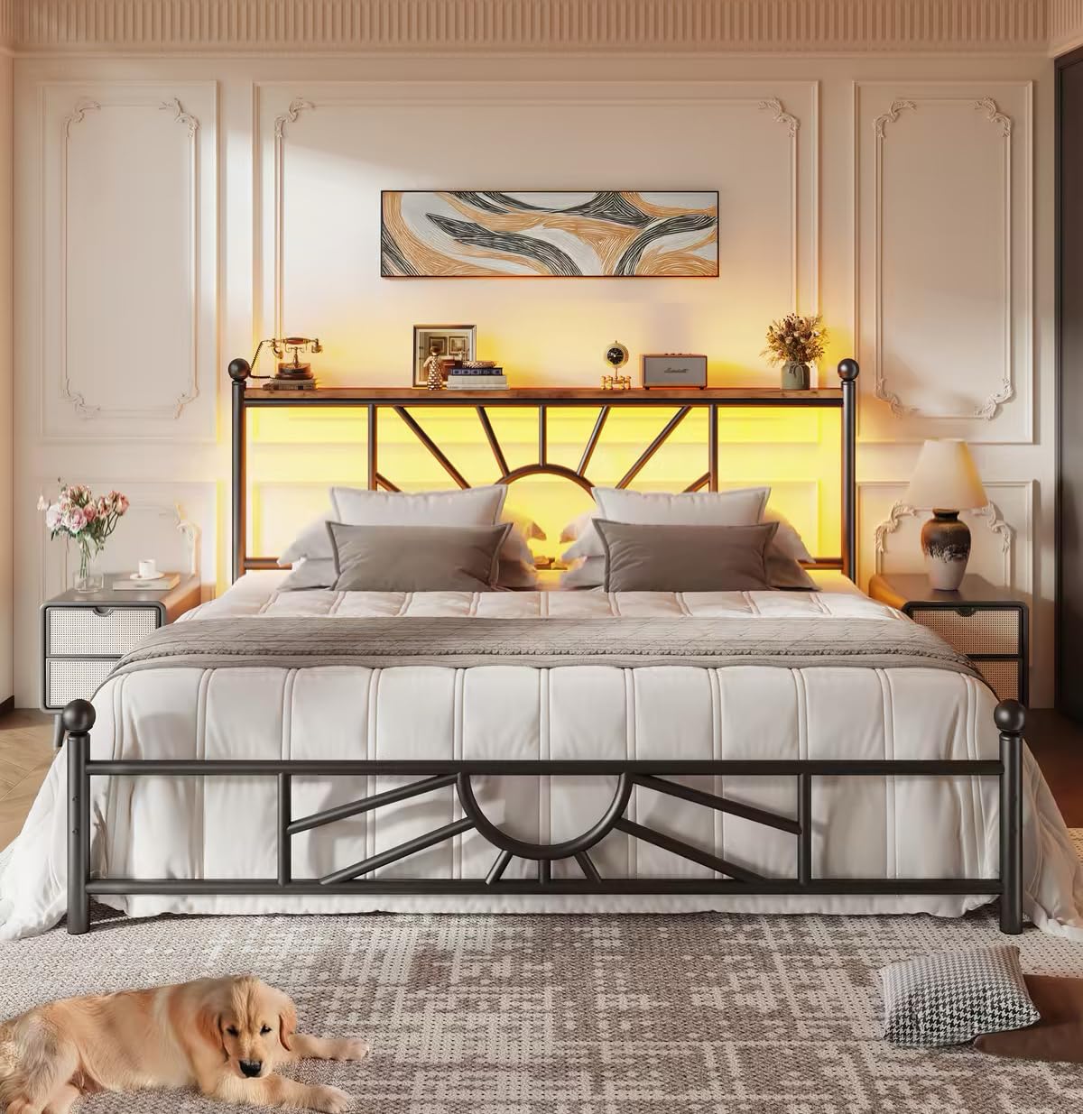 King Size Metal Platform Bed Frame with LED Lights F6425