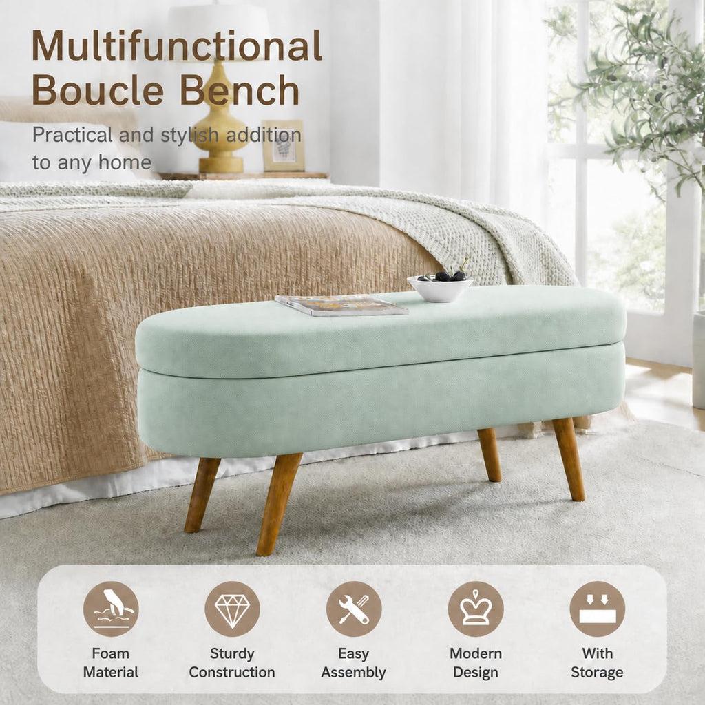 Cream Oval Boucle Storage Ottoman with Wooden Legs D9764