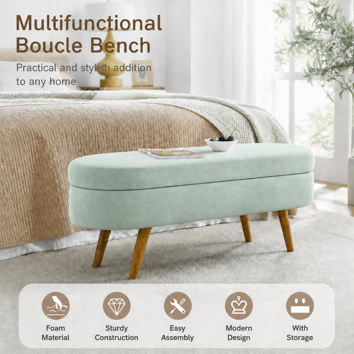Cream Oval Boucle Storage Ottoman with Wooden Legs D9764