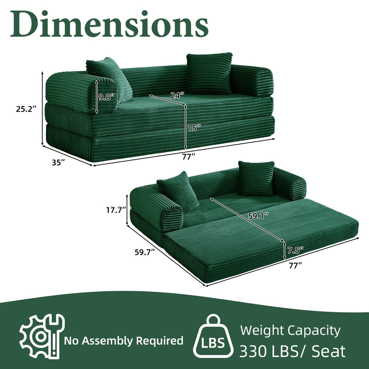 Green Corduroy Convertible Futon Sofa Bed A414