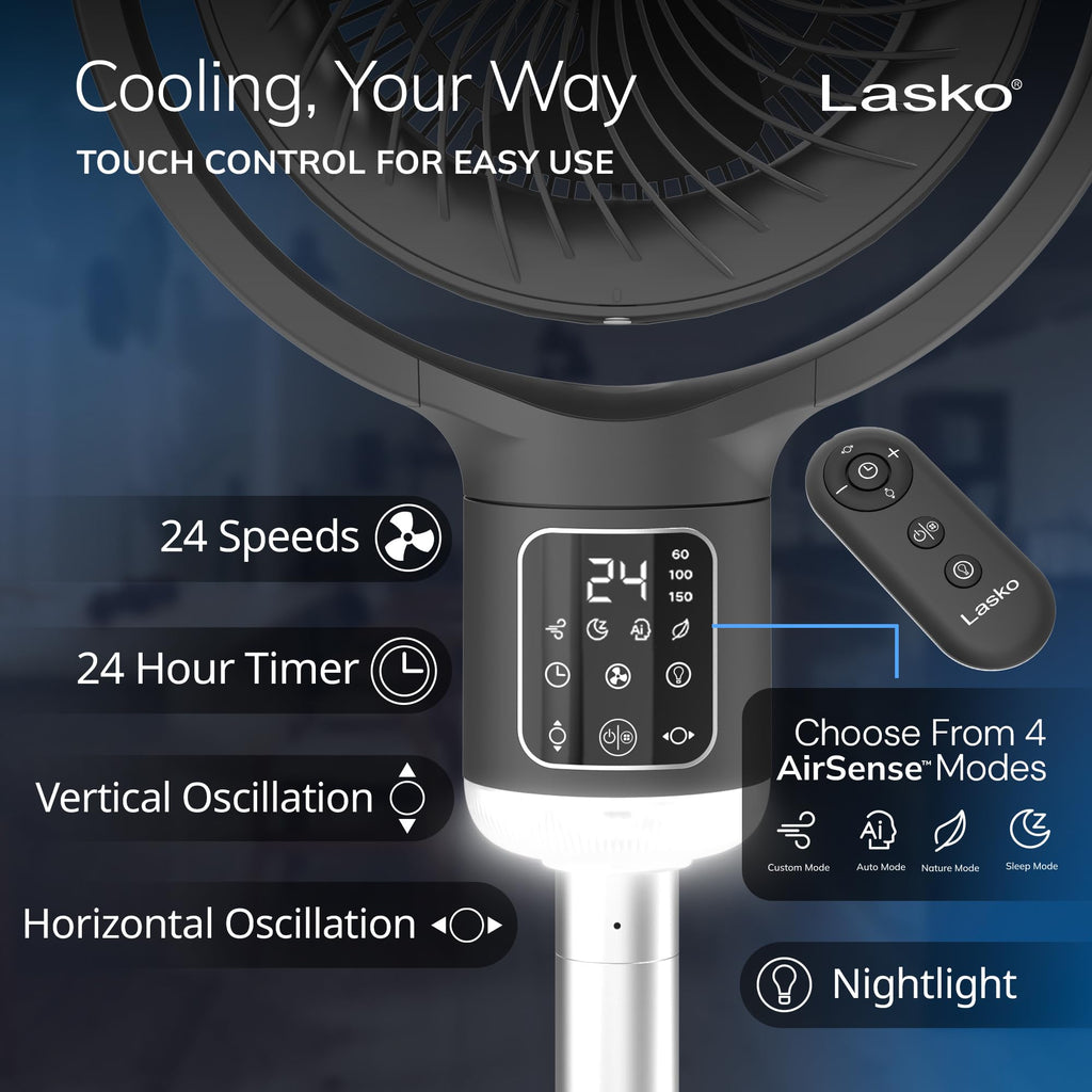 Pedestal Fan with Remote Control, Adjustable Height, Night Light, Gray A4000