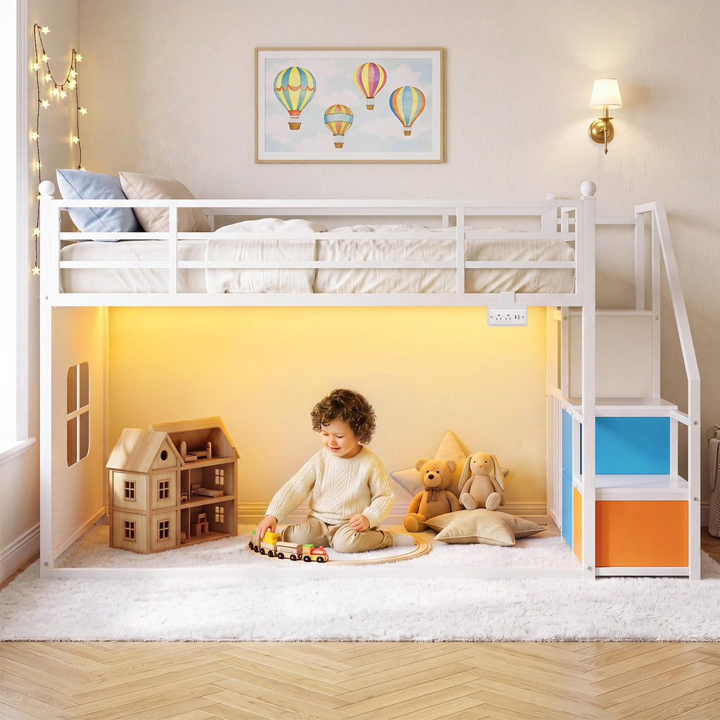 White Twin Over Twin Bunk Bed with Stairs and 3 Storage Drawers R50897