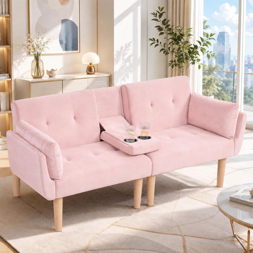Light Pink Velvet Futon Sofa Bed T2156