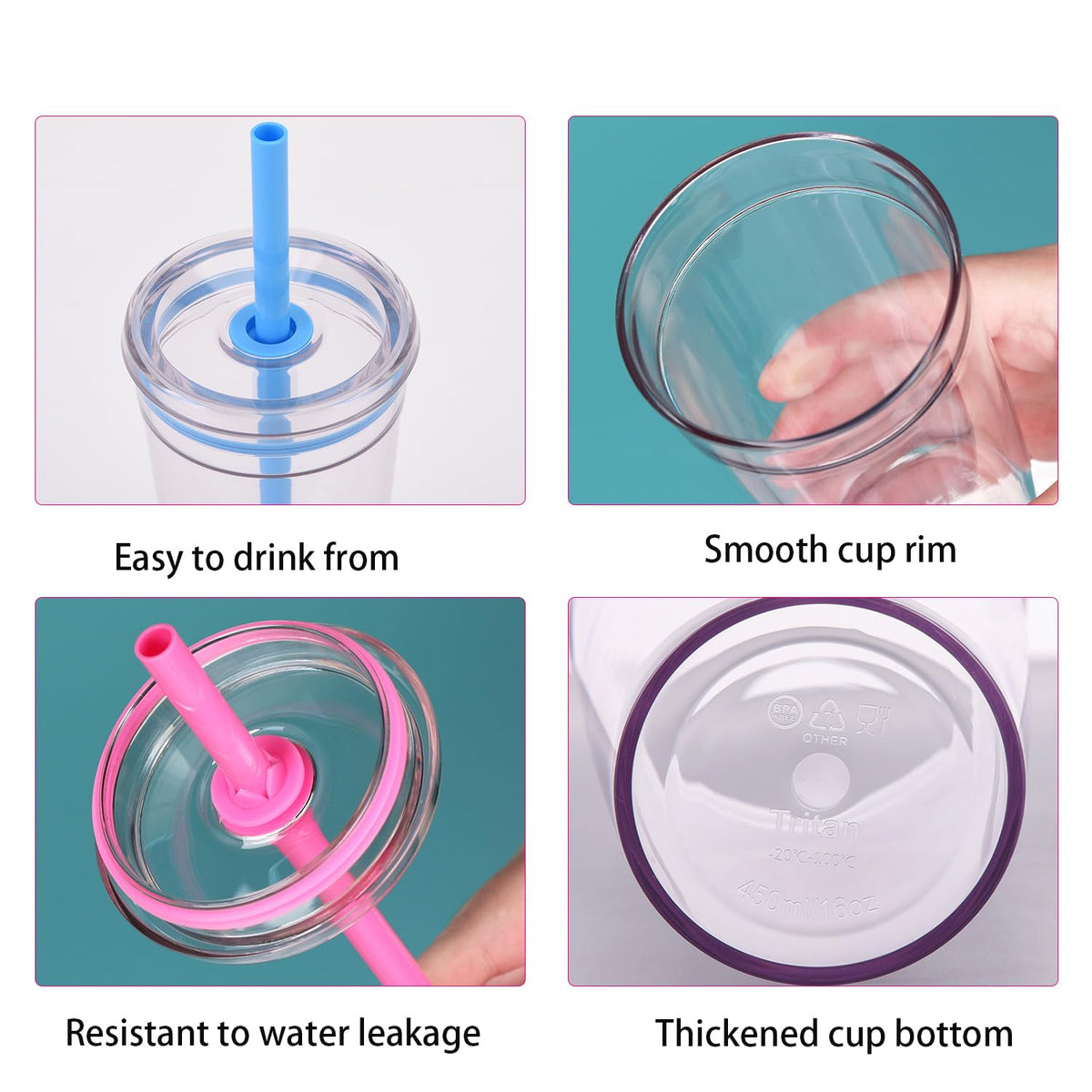 16 oz Plastic Tumbler Cup with Lid and Straw, 6 Pack S59604