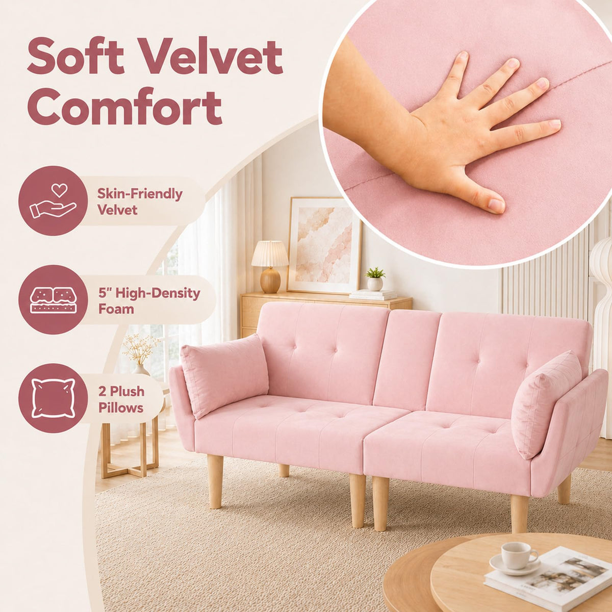 Light Pink Velvet Futon Sofa Bed T2156