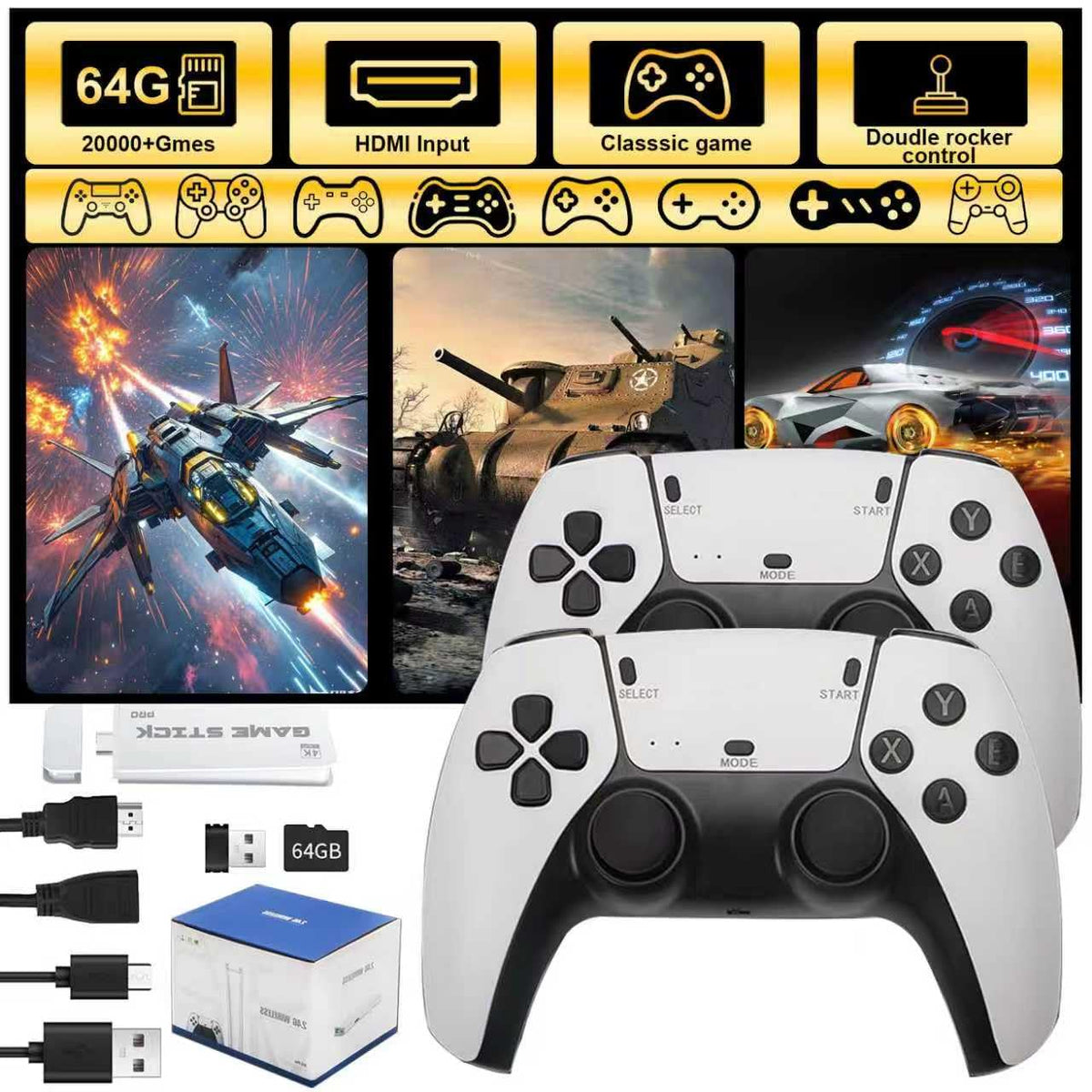 4K HDMI Retro Gaming Console with 64GB TF Card and 2.4G Wireless Controllers E58577