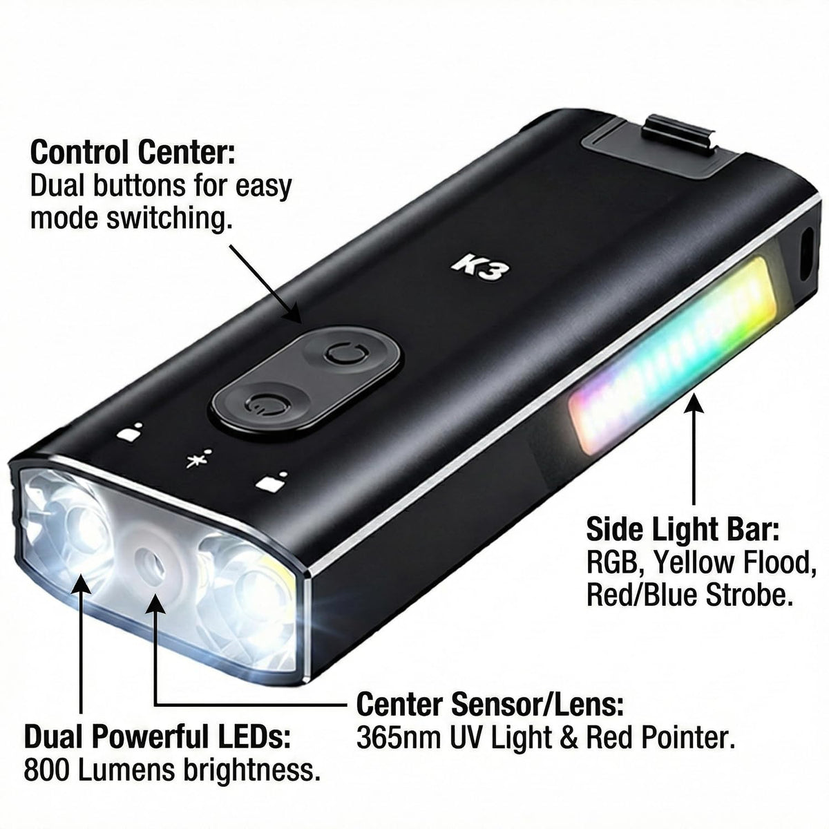 800 Lumens Rechargeable EDC Keychain Flashlight with UV & Red LED N579434