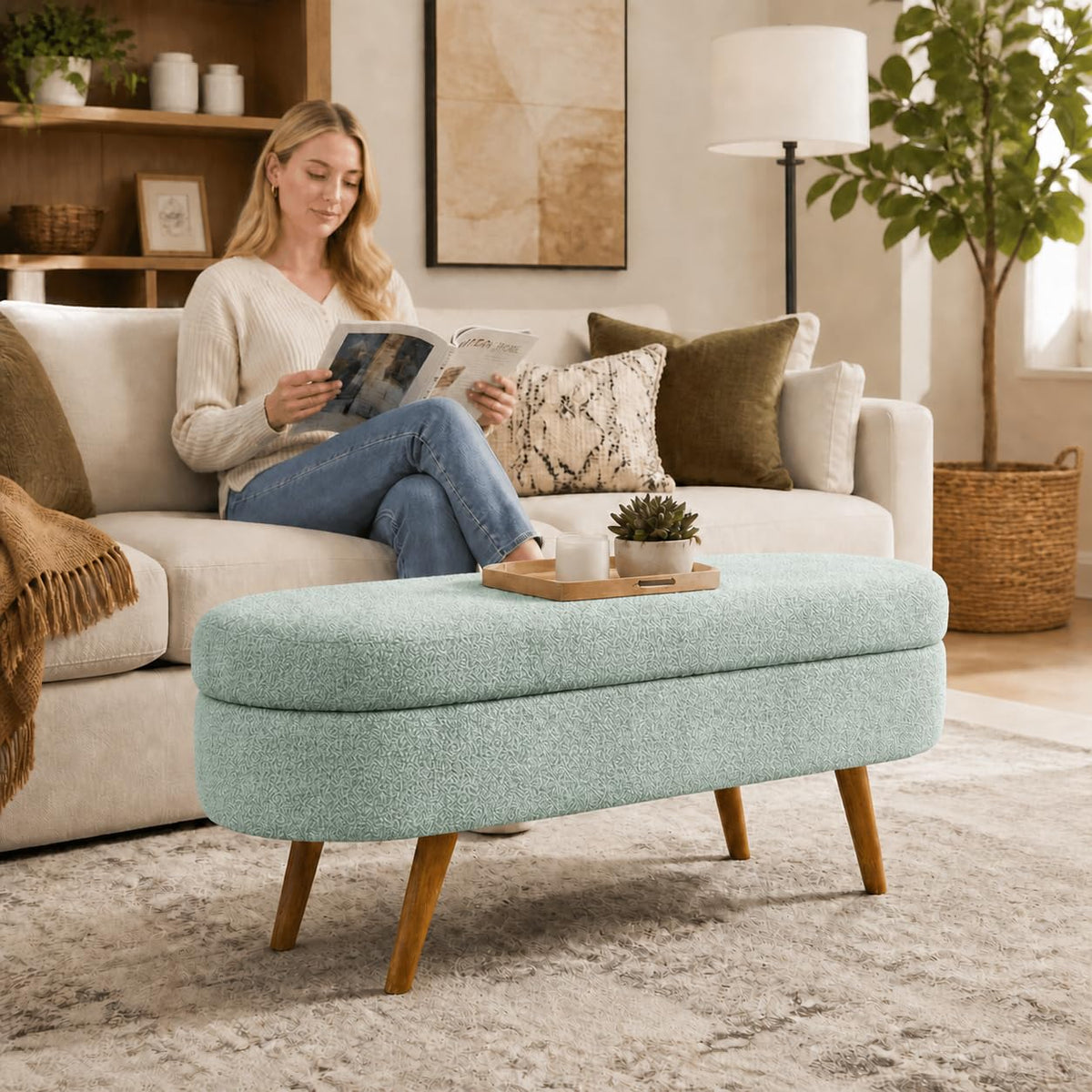 Cream Oval Boucle Storage Ottoman with Wooden Legs D9764