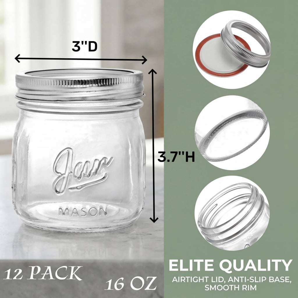 12 Pack 16 Oz Wide Mouth Glass Mason Jars D42326