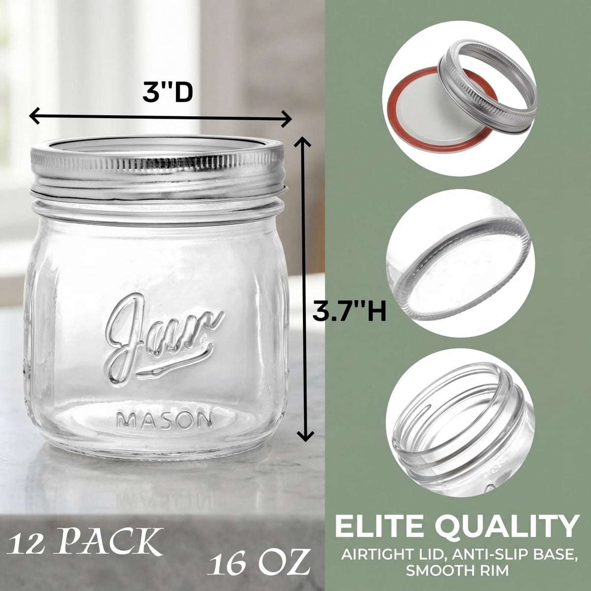 12 Pack 16 Oz Wide Mouth Glass Mason Jars D42326