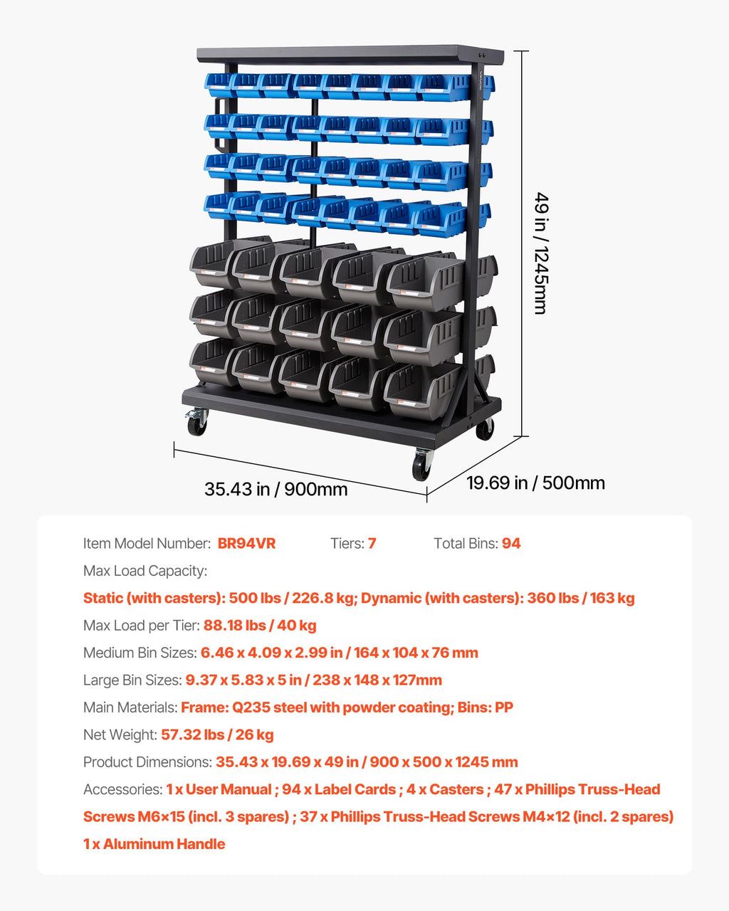 7-Tier Double-Sided Rolling Bin Storage Rack with 94 Plastic Bins J35302
