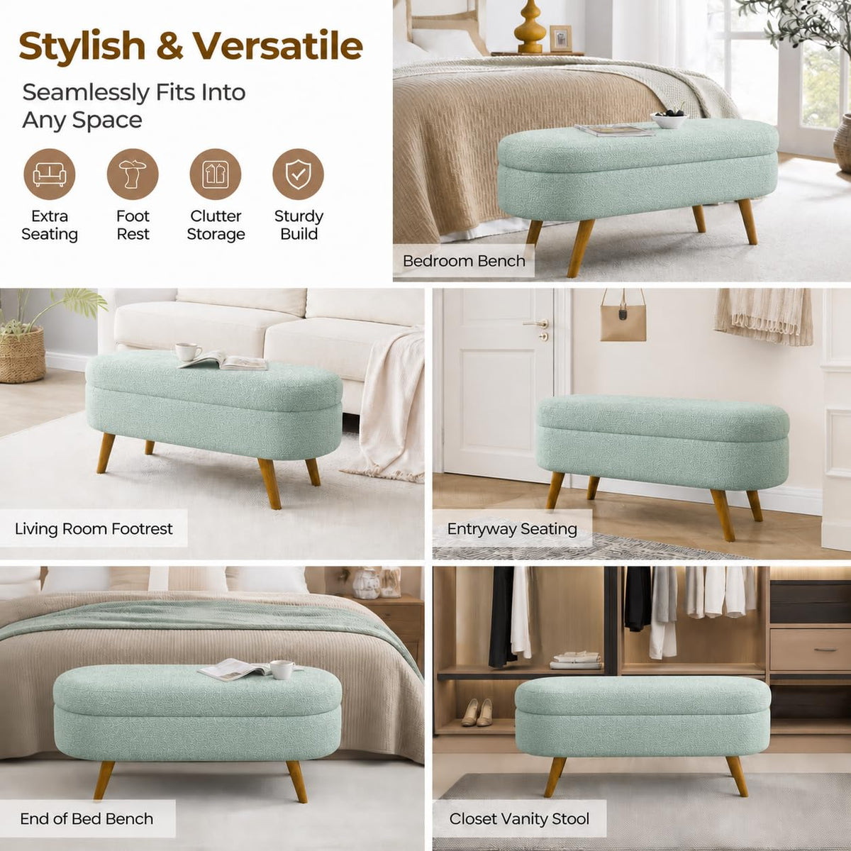 Cream Oval Boucle Storage Ottoman with Wooden Legs D9764