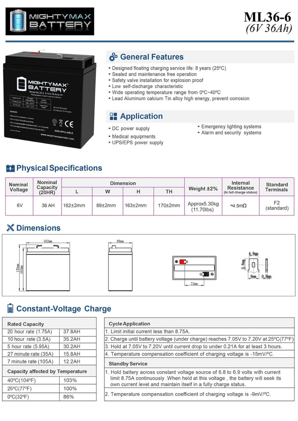 6V 36Ah AGM F2 Terminal Battery X27984