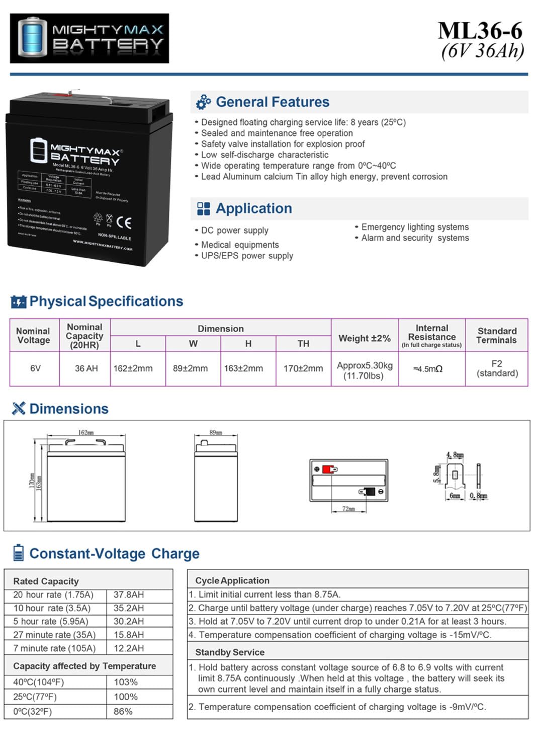 6V 36Ah AGM F2 Terminal Battery X27984