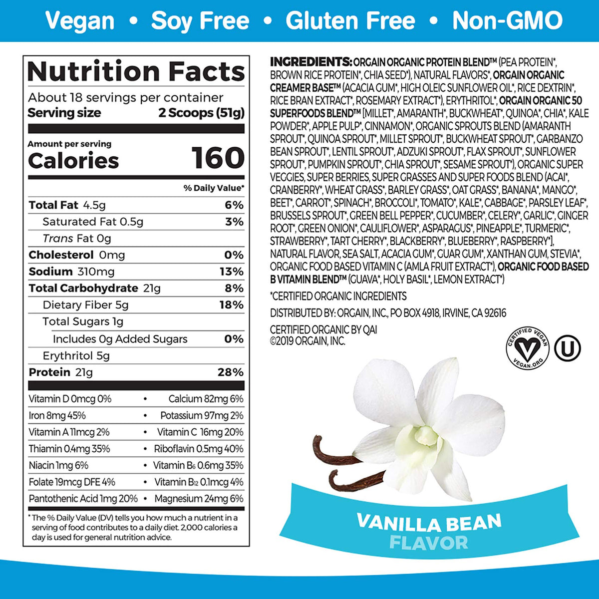 Organic Vegan Protein Powder + Greens, Creamy Chocolate Fudge, Vanilla Bean F29775