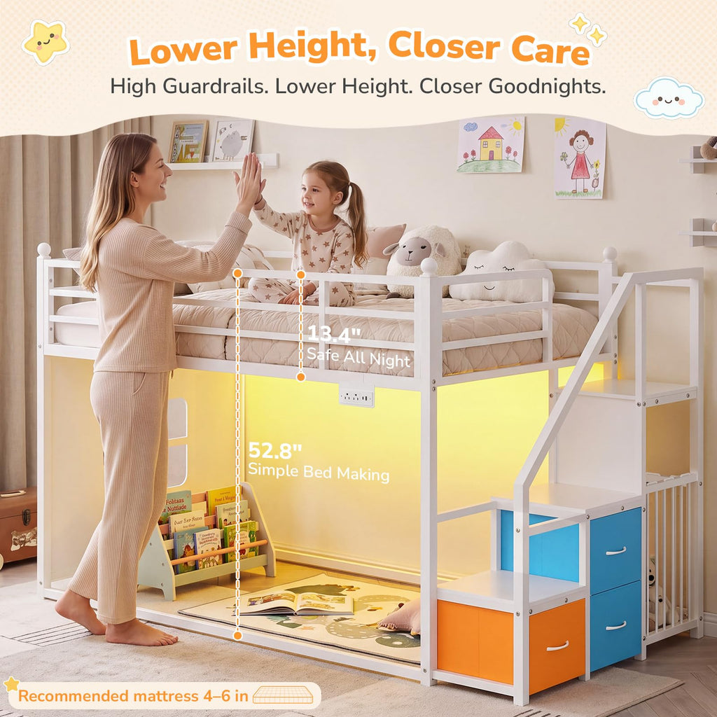White Twin Over Twin Bunk Bed with Stairs and 3 Storage Drawers R50897