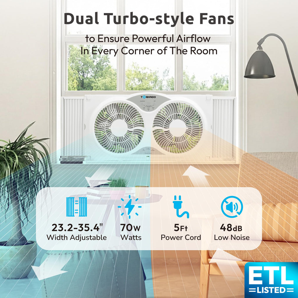 9 Inch Dual Window Fan with Remote Control, 3-Speed, White I99789