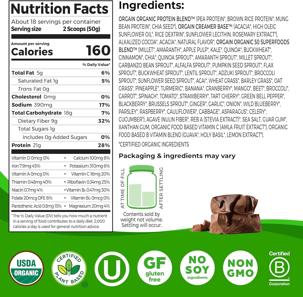 Organic Vegan Protein + 50 Superfoods Powder, 21g Plant Based Protein, 2.02 lb I960