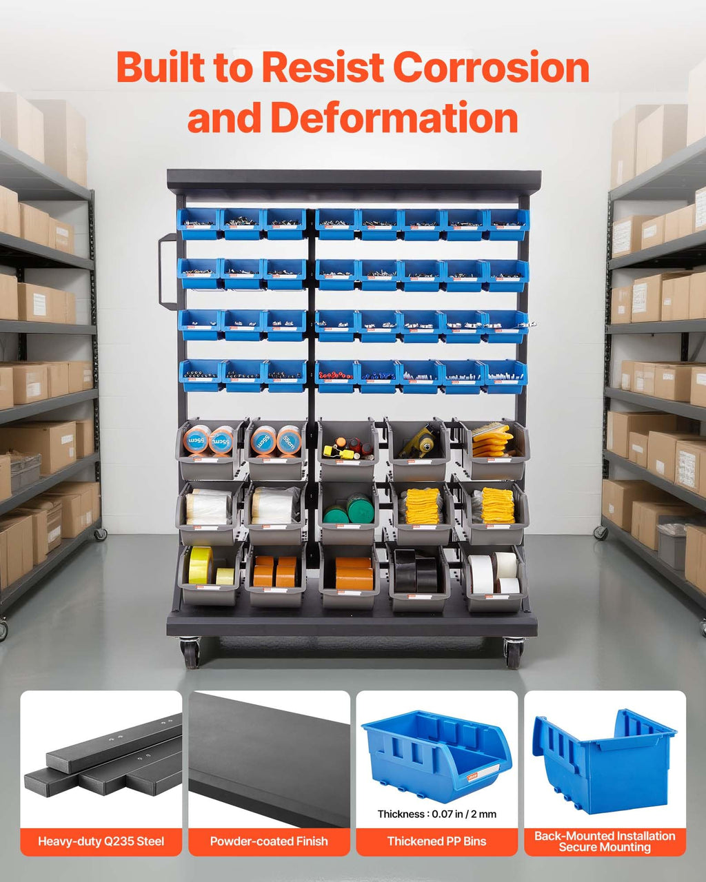 7-Tier Double-Sided Rolling Bin Storage Rack with 94 Plastic Bins J35302