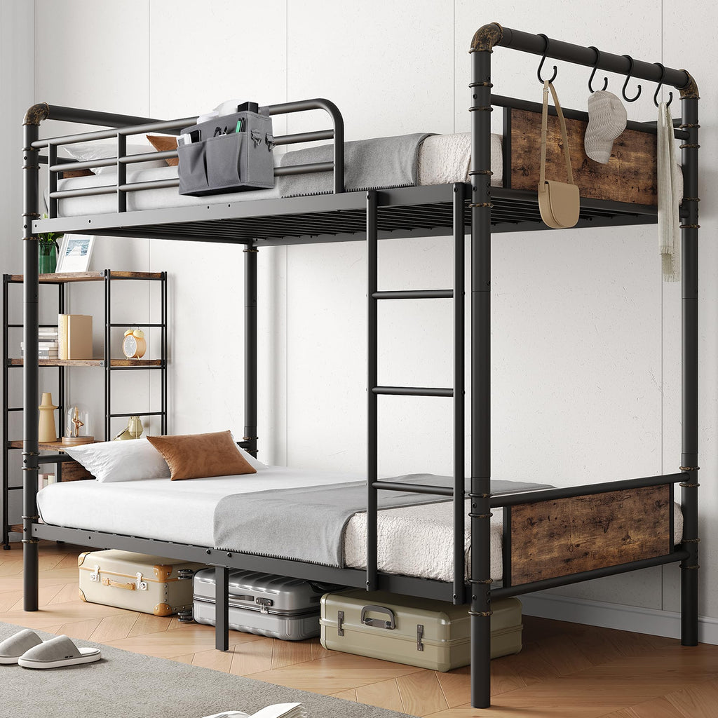 Twin Over Twin Metal Bunk Bed with Ladder and Guardrail A92031