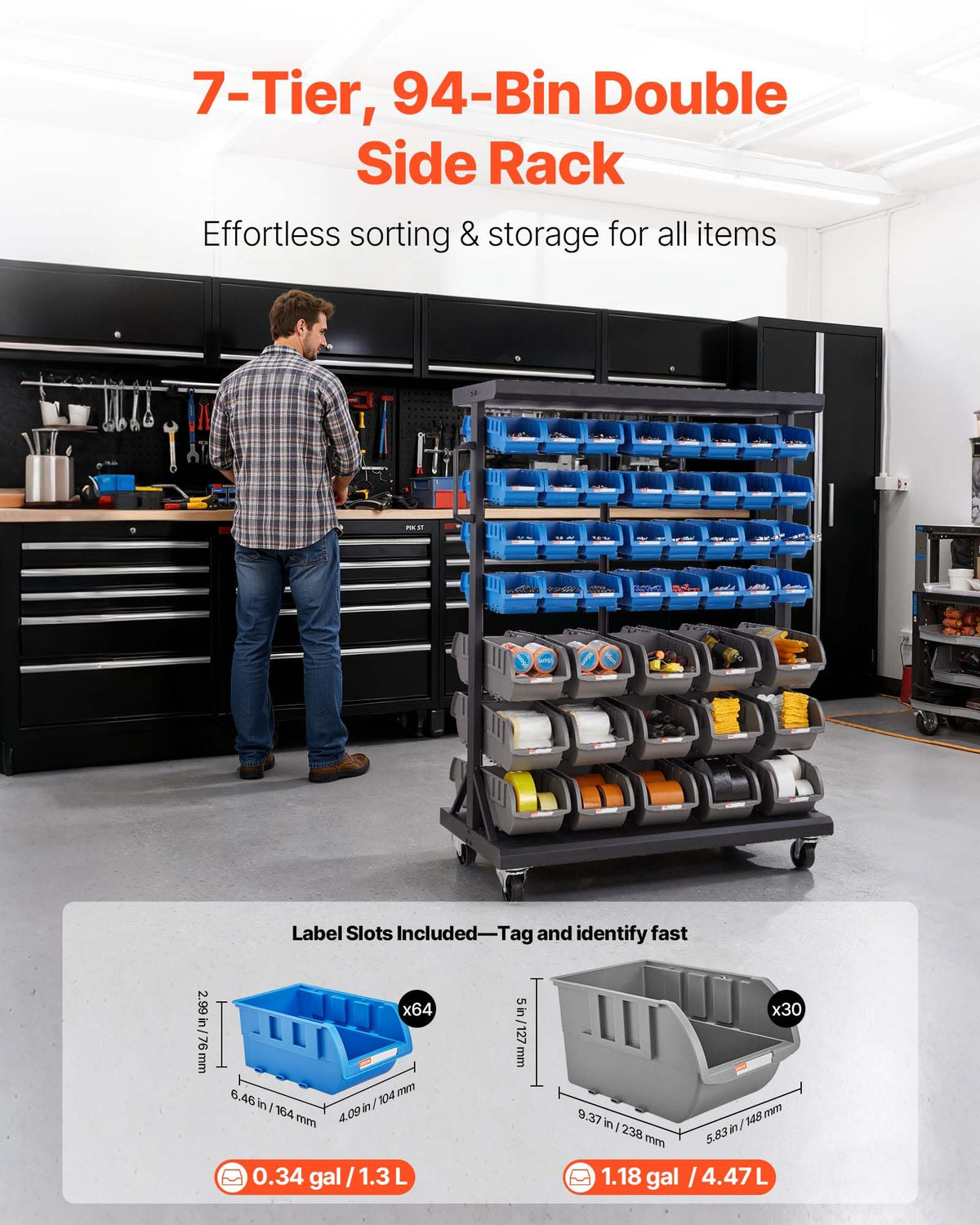 7-Tier Double-Sided Rolling Bin Storage Rack with 94 Plastic Bins J35302