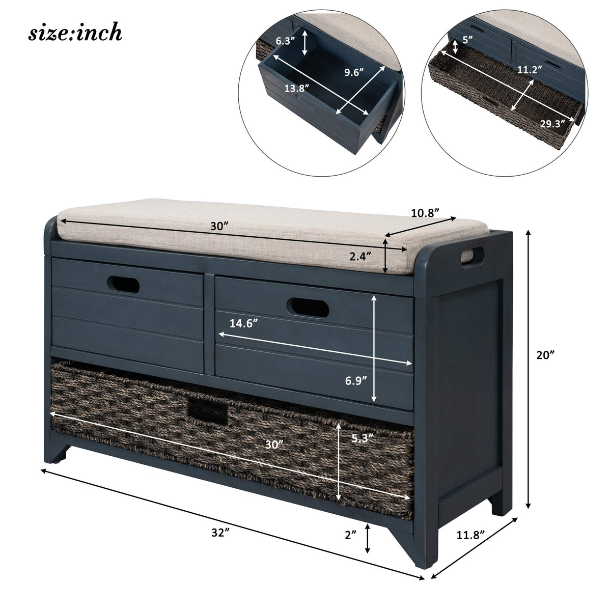 Navy Storage Bench with Drawers and Basket W959