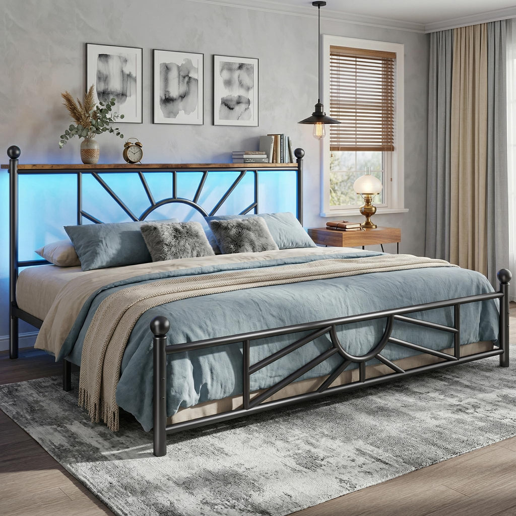 King Size Metal Platform Bed Frame with LED Lights F6425