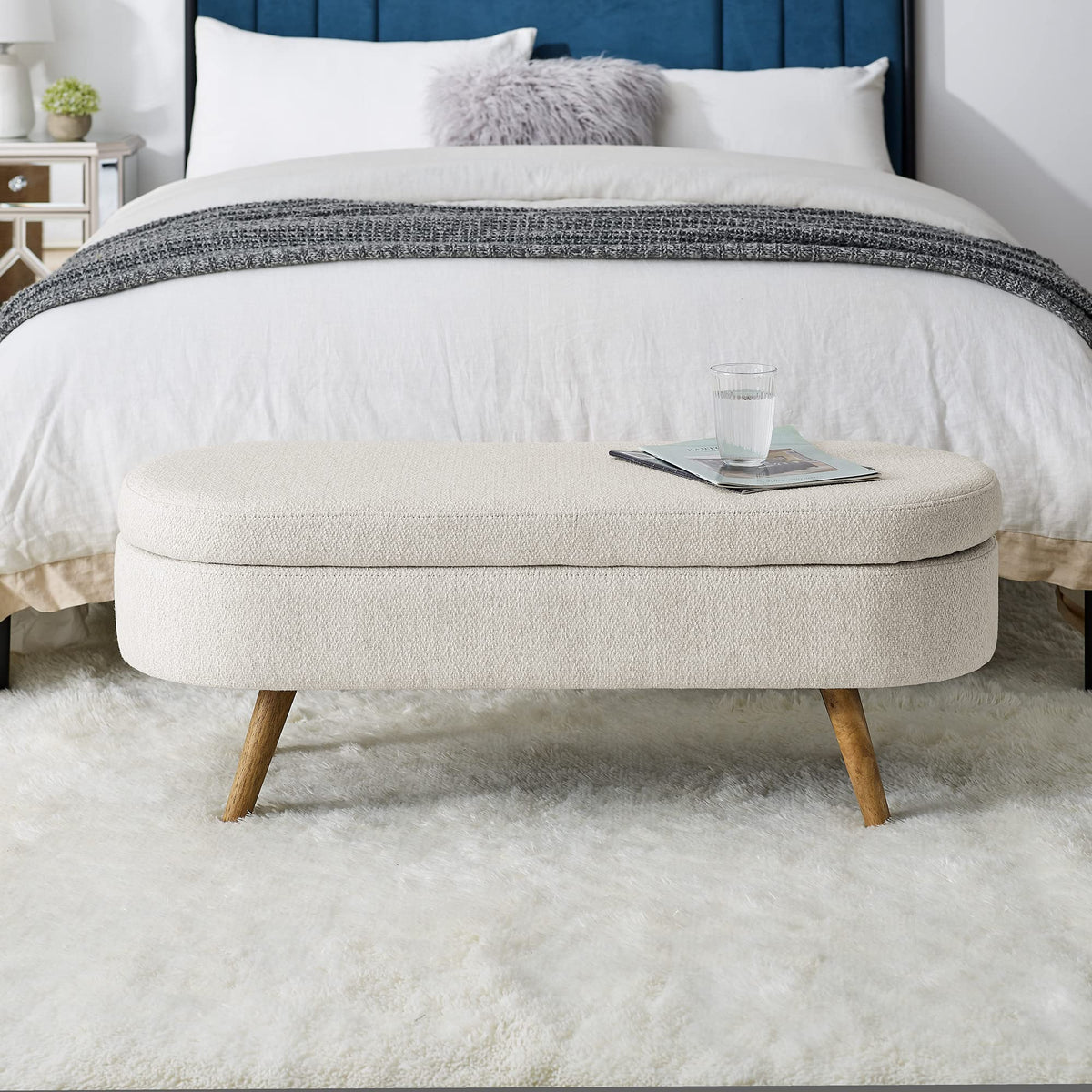 43.5" L Upholstered Linen Storage Ottoman Bench with Rubber Wood Legs U656718