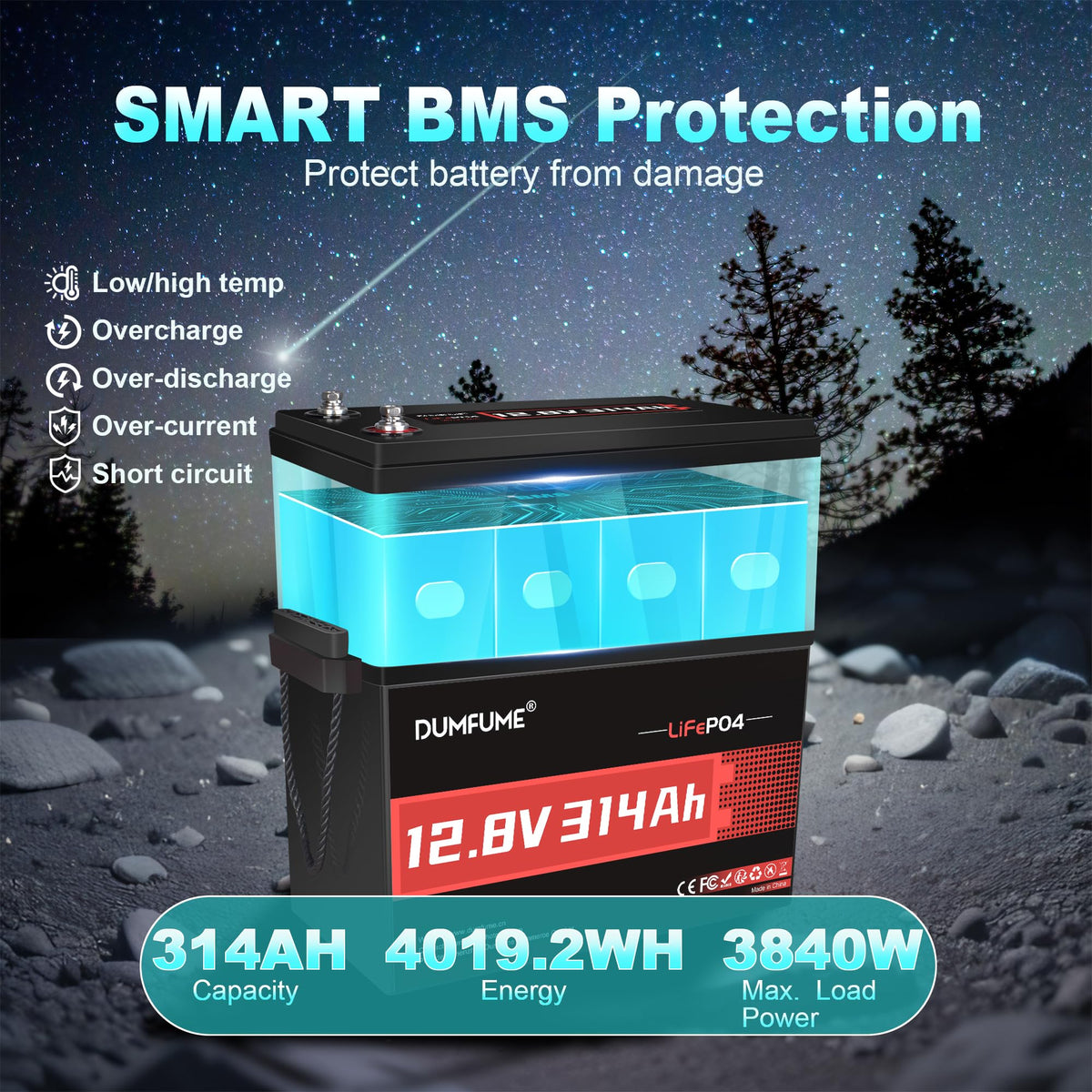 12V 300Ah LiFePO4 Battery 200A BMS P58008
