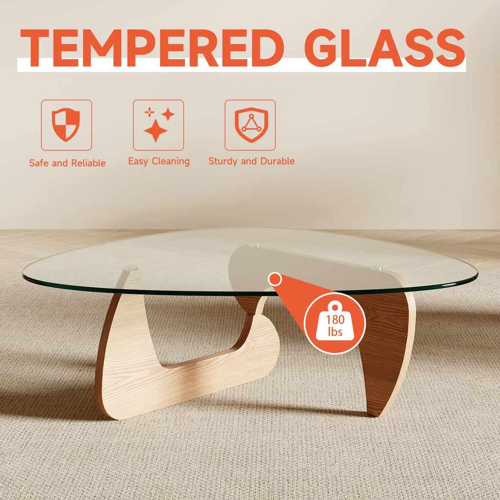 Modern Coffee Table with Tempered Glass Top and Solid Wood Base Y77354