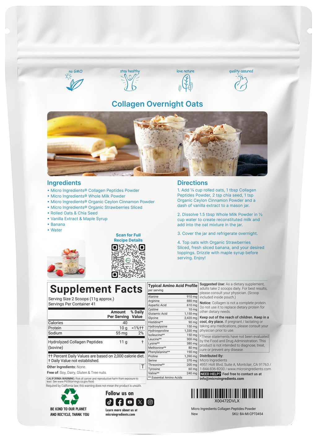 Hydrolyzed Collagen Peptides Powder, 1 lb Unflavored Type I & III M870459